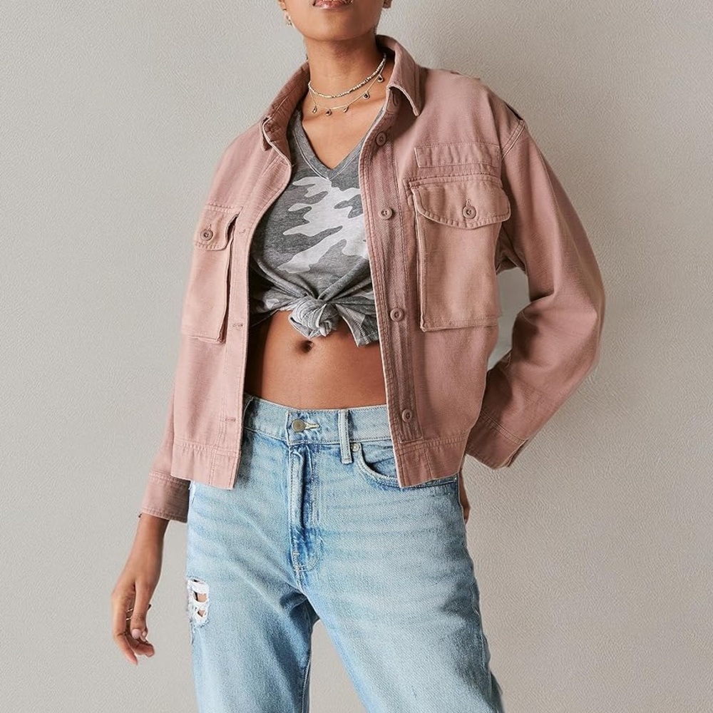 Lucky Brand Cropped Twill Utility Jacket Mauve Cotton Tencel Womens Medium